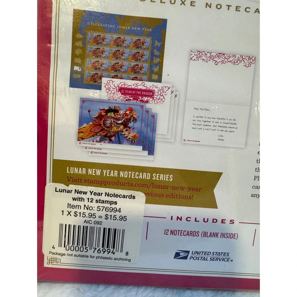 USPS Year of the Dragon Deluxe Notecard Set 12 Forever Stamps Lunar New Year